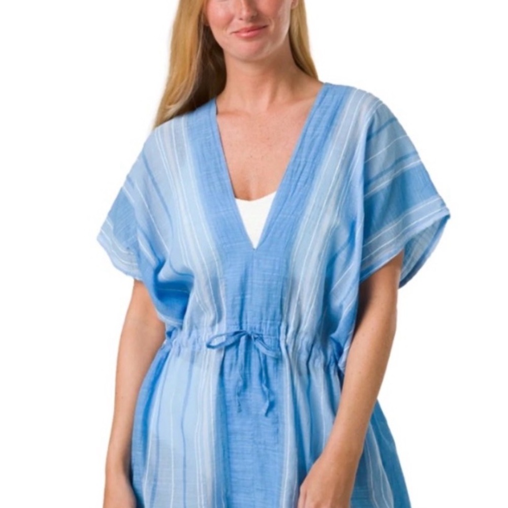 Prana Light Blue Striped V-Neck Drawstring Tunic Cover Up